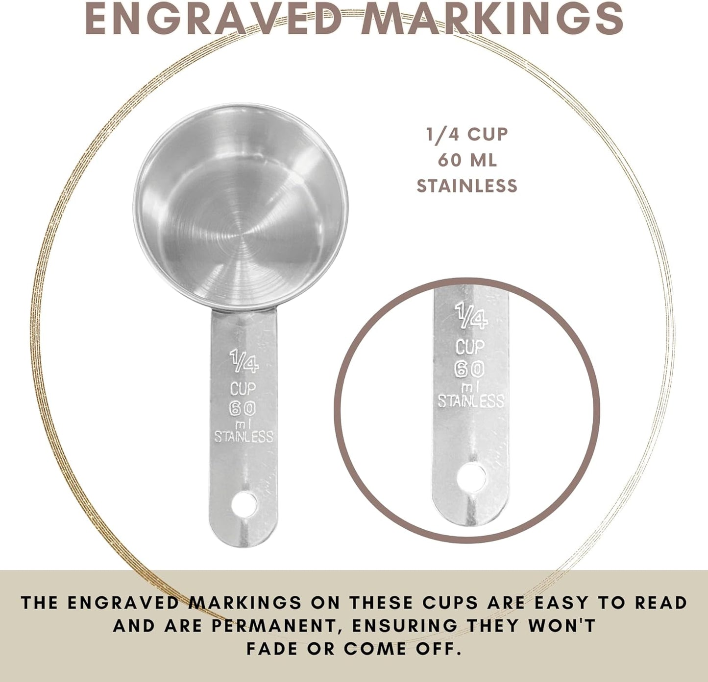 1/4 Cup Stainless Steel Measuring Cup | Sturdy Metal 60 ml | 60 cc | 2 oz | Single Cup for Wet and Dry Ingredients | Great for use as 1/4 Cup Dog Food Scoop - 4 PK