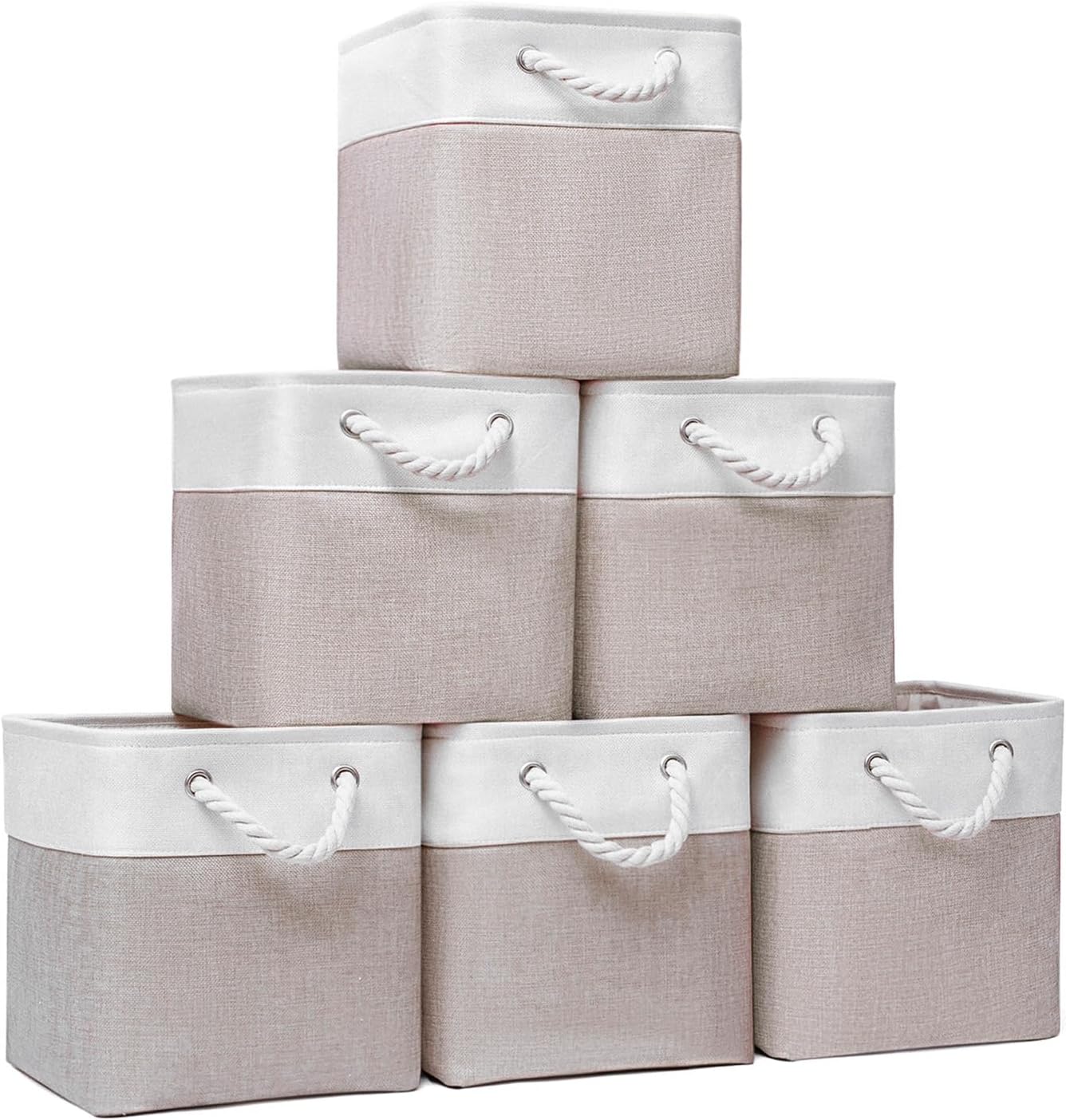 Cube Storage Bins, Collapsible Fabric Storage Cubes Bins, 11 Inch Cube Storage Bins with Handles, Foldable Storage Cubes (White/Beige, 6Pack)