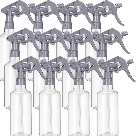 Eccliy 12 Pcs 16 Oz Plastic Spray Bottle, Adjustable Empty Reusable Sprayer for Cleaning, Planting, Water, Bathroom and Kitchen, BBQ, Commercial and Residential(Pure Grey,Clear)