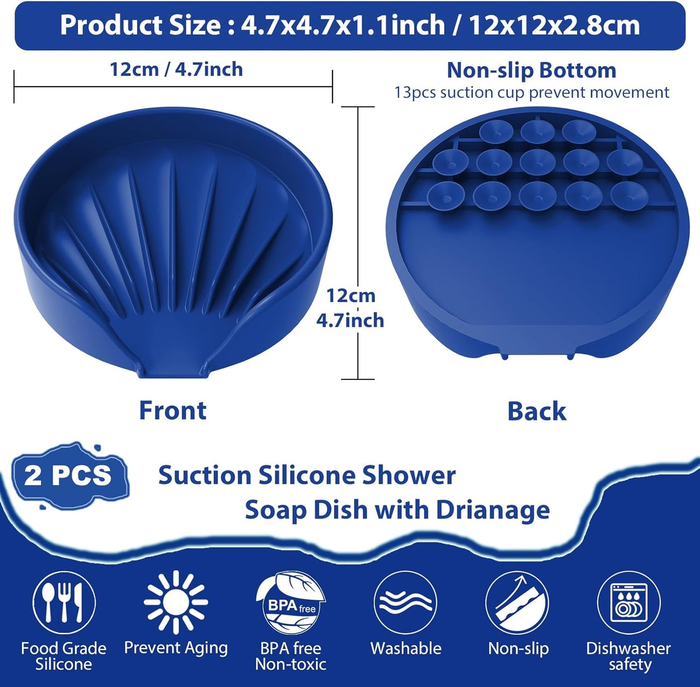Self Draining Soap Dish, Silicone Suction Cup Soap Holder Tray Savers Container Sponge Holder for Bar Bathroom Shower Kitchen Sink, Can Extend Soap Life (2, Royal Blue)