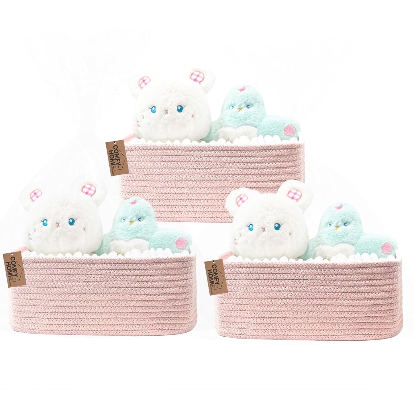 COMFY-HOMI 11.5"x7.5"x4.7" Storage Baskets for Organizing | Cotton Rope Woven Basket | Toy Storage Bin Box | Basket for Shelves, Closet Organizer Bin, Decorative Closet Shelf, 3 Pack, all pink