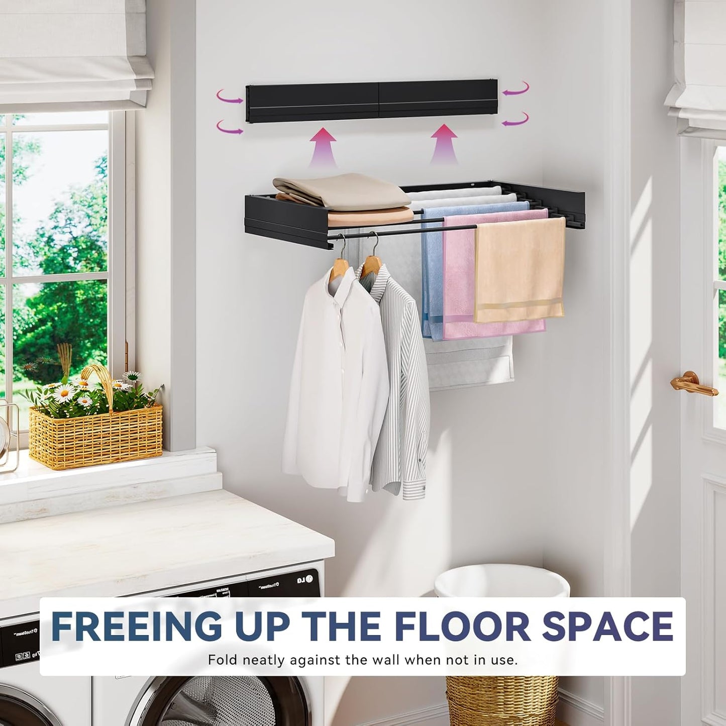 APEXCHASER Wall Mounted Clothes Drying Rack, Laundry Drying Rack Foldable, Towel Racks for Bathroom Balcony Laundry Room Wall Mounted, Collapsible Drying Rack for Clothing, 31.5", Black