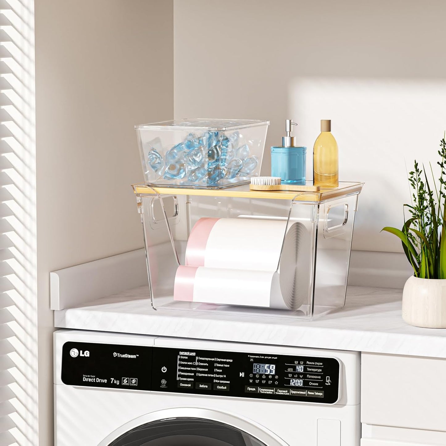 1 Pack Stackable Storage Trash Bag Holder with Bamboo Top, Large Garbage Trash Bag Dispenser, laundry room organization, Kitchen Pantry Organizer Storage for Onion, Potato, Snack