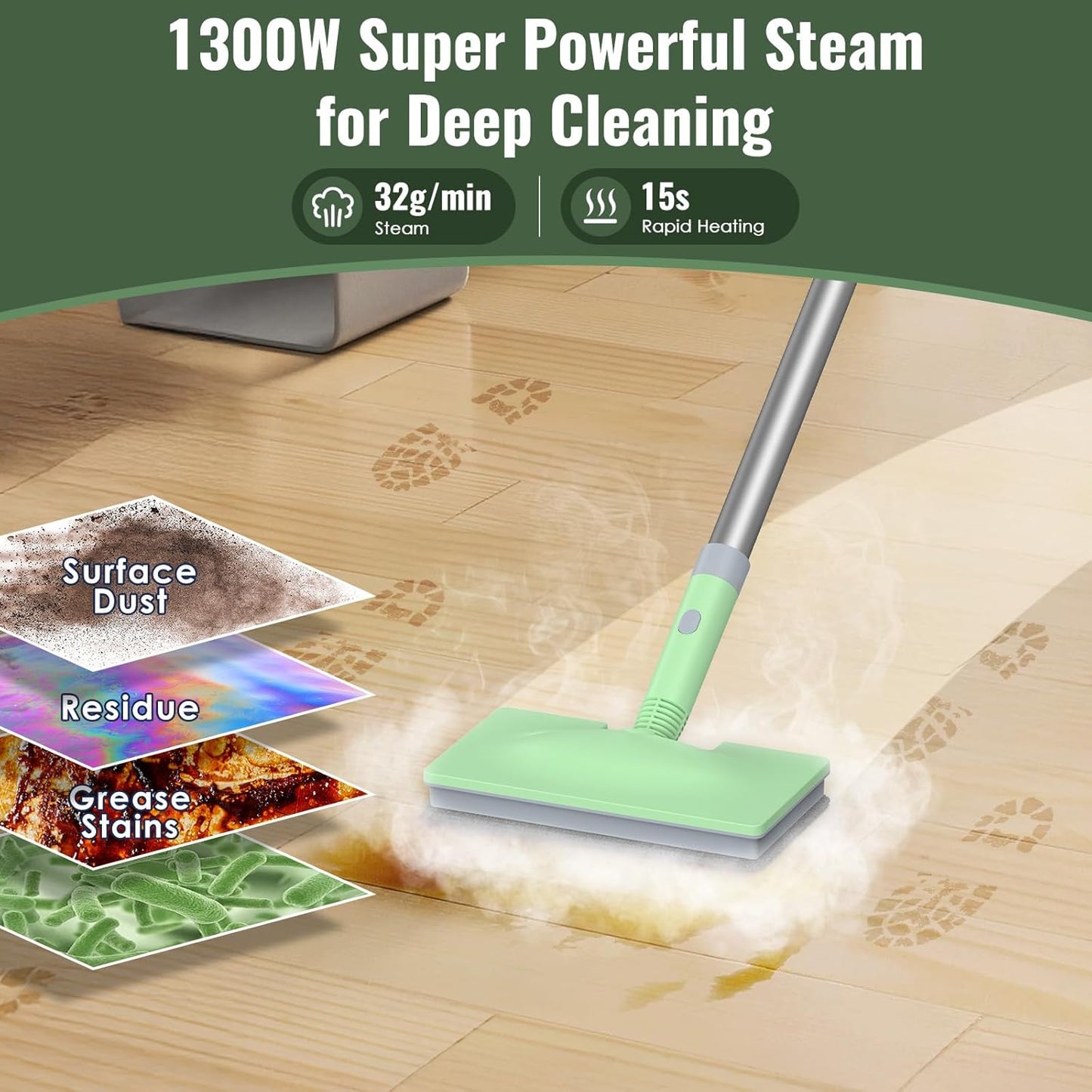 FEPPO Steam Mop with Detachable Handheld Steam Cleaner for Home and Floor Cleaning, 10-in-1 Multi-purpose Attachments & 2 Pads, Powerful Steamer for Floors, Hardwood, Tiles,Grout,Windows,Kitchen,Bath