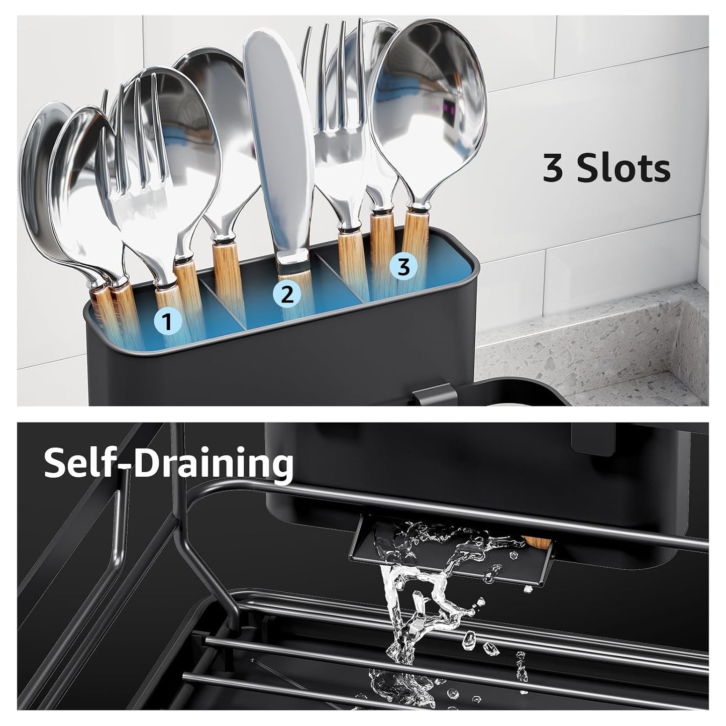 Dish Drying Rack for Kitchen Counter, Space-Saving Dish Rack, Multifunctional Dish Drainer Rack, Sink Kitchen Dishes Strainer, Dryer Rack with Drain Board, and Cutlery Holder,Small Size Black