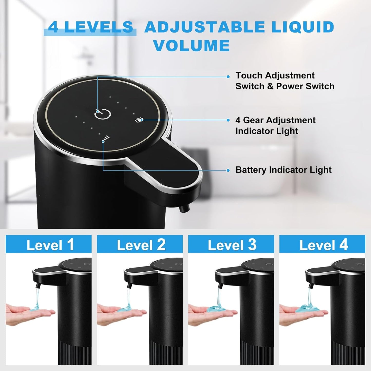 Automatic Soap Dispenser, 2 Pack Black Touchless Liquid Soap Dispenser for Bathroom, 13.5 Fl Oz Plastic Electric Auto Dish Soap Dispensers Wall Mount for Kithcen with Adjustable Volume