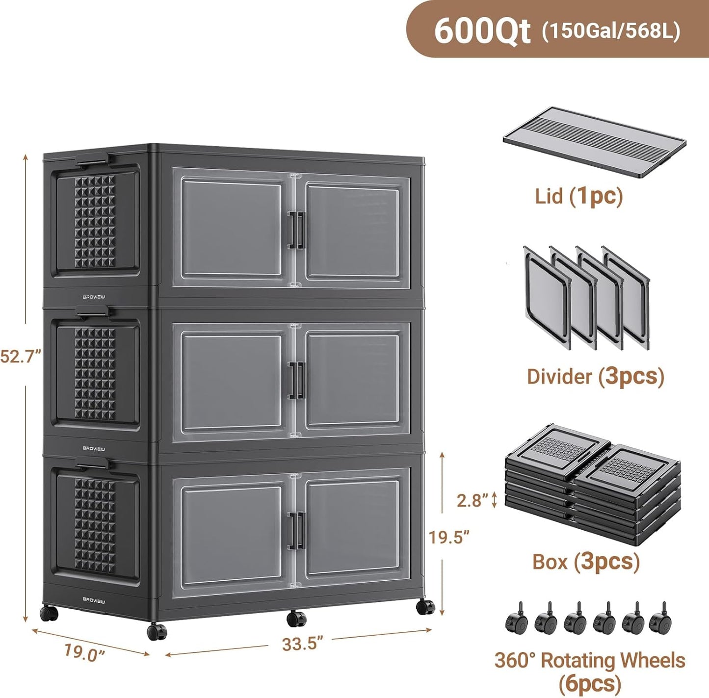 BROVIEW 52.7"H 150Gal Plastic Storage Bins with Lid & Wheels,3Pack Extra Large Stackable Storage Bins with Dividers,Closet Organizers and Storage Cabinet Collapsible Box Shelves for Home Kitchen,Black