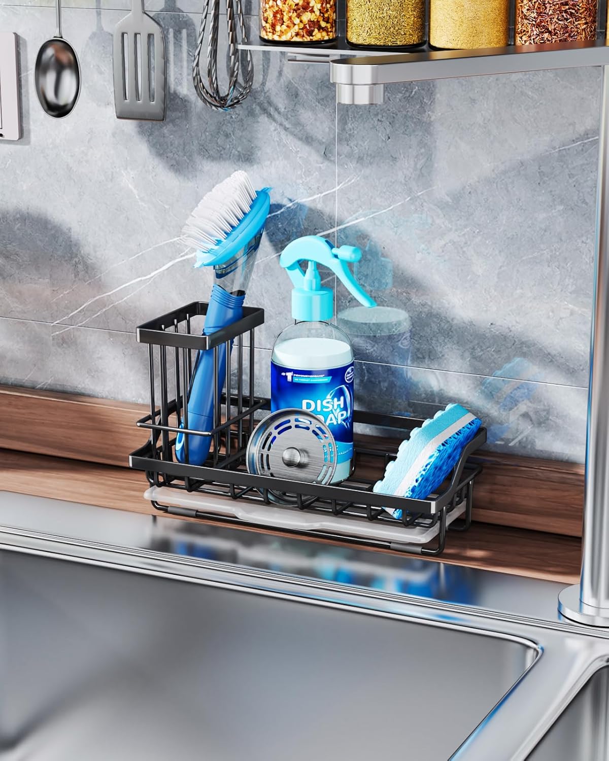 Consumest Sponge Holder for Kitchen Sink - Kitchen Sink Caddy Organizer with Removable Drip Tray for Countertop Dish Soap Dispenser Brush Storage Accessories 304 Stainless Steel - Black