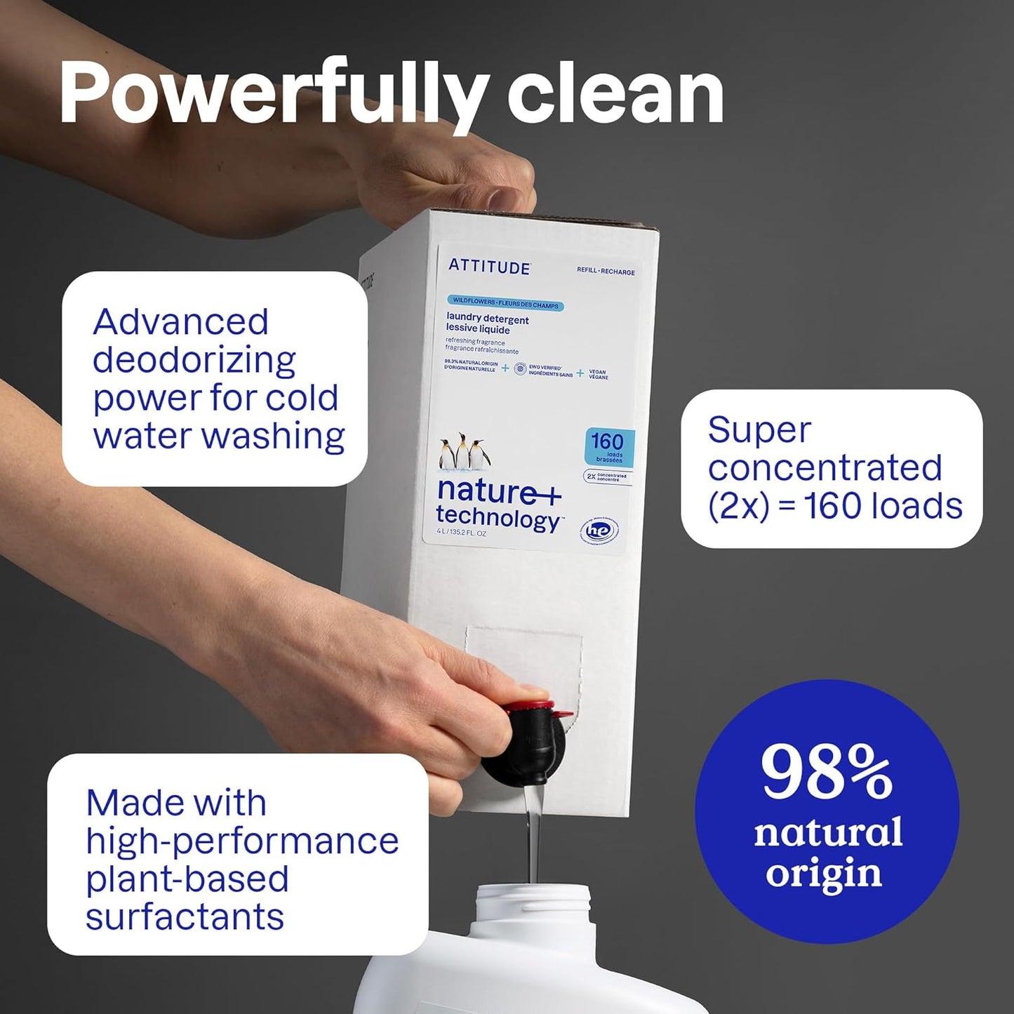 ATTITUDE Liquid Laundry Detergent Refill, EWG Verified, HE Compatible, Plant-Based & Vegan, Natural Laundry Soap, Unscented, 160 Loads, 135.26 Fl Oz