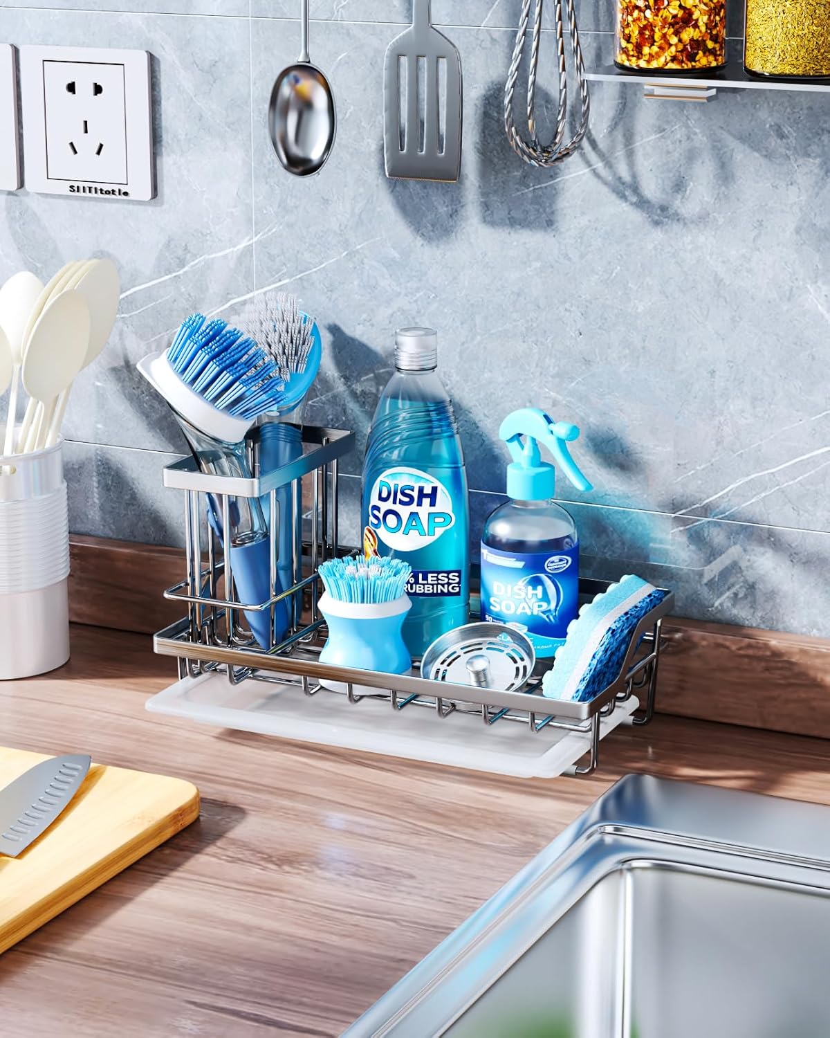 Consumest Sink Caddy, Kitchen Sponge Holder with Dish Brush Holder, Kitchen Sink Organizer with Drip Tray for Countertop Stainless Steel Rustproof, Silver-Large