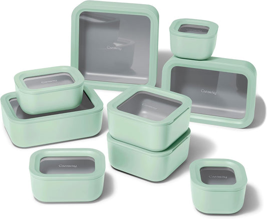 Caraway 25pc Glass Food Storage Set - Non-Toxic Ceramic-Coated Glass - Air Release Technology - Compact & Stackable Design - Mist