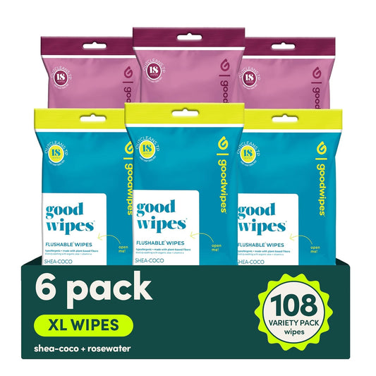 goodwipes Flushable Wipes Travel Size - Extra Large Adult Wet Wipe - On-the-Go Portable Wipes - Sewer & Septic Safe - Hygiene Essentials - Shea Coco & Rosewater, 108 Count (6 Packs)