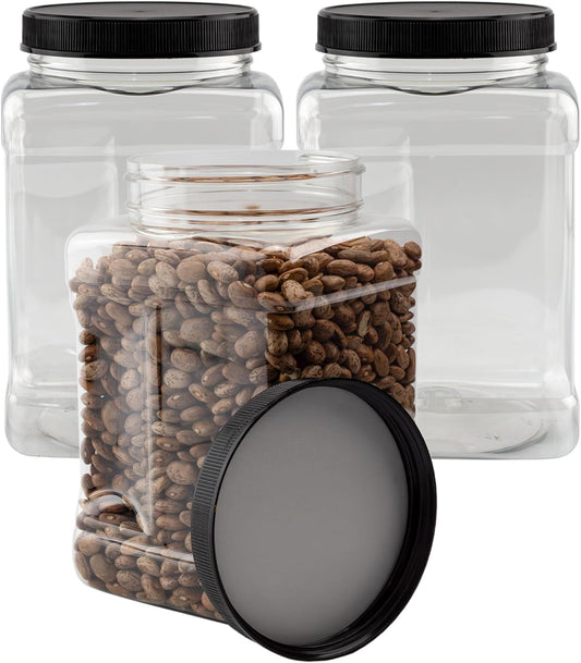 Cornucopia Brands 48oz Square Plastic Jars (3-Pack); Clear Rectangular 6-Cup Canisters w/Black Lids, Easy-Grip Side