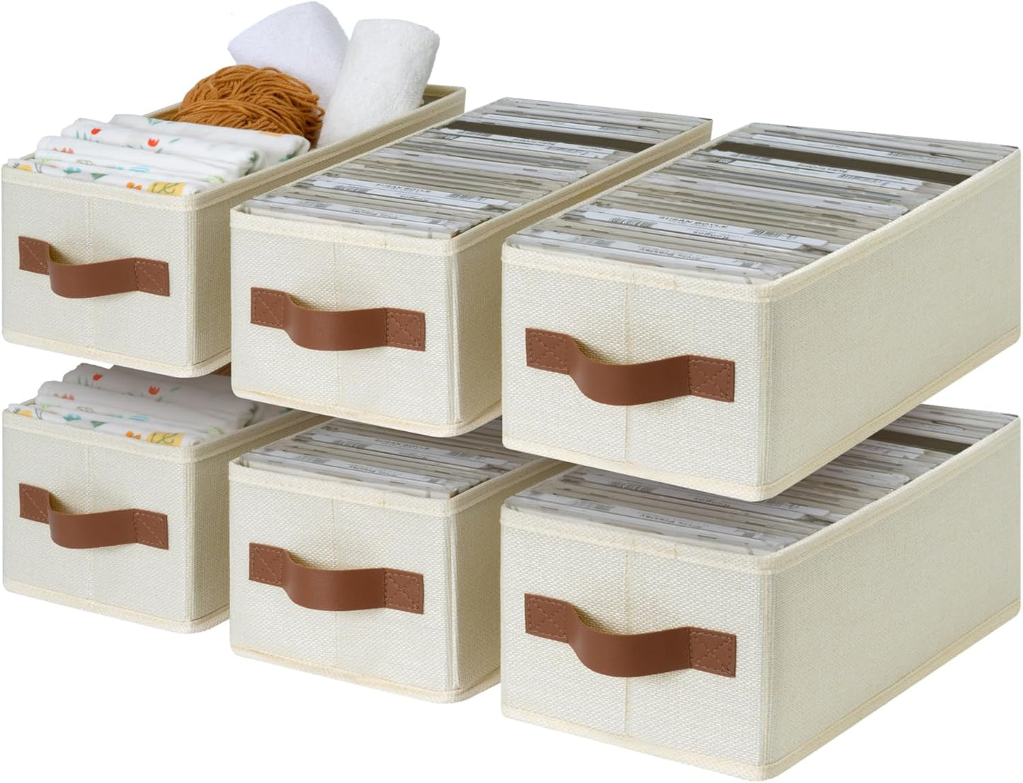 GRANNY SAYS Small Fabric Storage Bins, Storage Baskets for Shelves with PU Handles, Toilet Paper Storage, Mini Baskets for Organizing DVD, Photos, Clothes, Diaper, Sock, Cd, 6-Pack, Ivory
