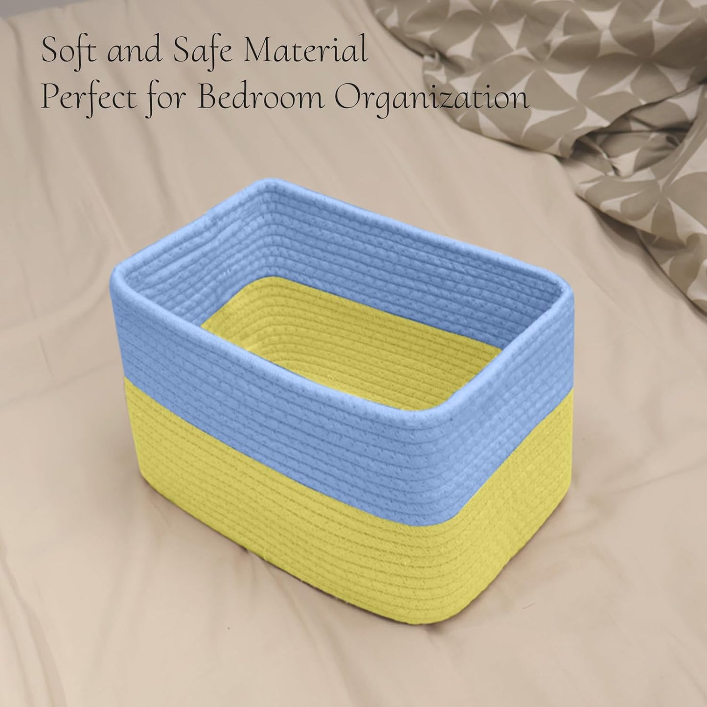 Hopegiver Woven Storage Baskets 11x8x7 Inch, 3 Pack Collapsible Cube Storage Bin for Shelves - Foldable Cotton Rope Organizer Bins for Towels, Toys, Books, Closet, Nursery (Blue Yellow)