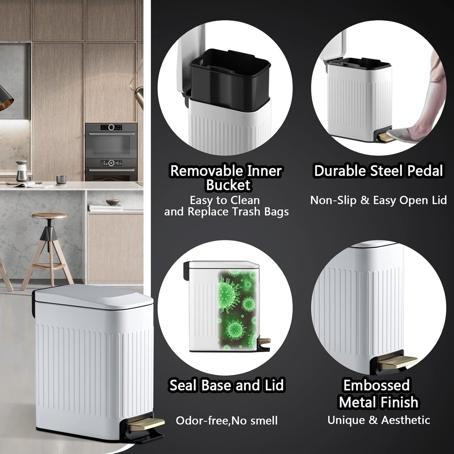 CEROELDA Small Bathroom Trash Can with Lid Soft Close-5L/1.3 Gal Slim Garbage Can-Metal Step Wastebasket-Rectangle Narrow Waste Bin for Office, Bedroom, Toilet, Live Room (Embossed-White)