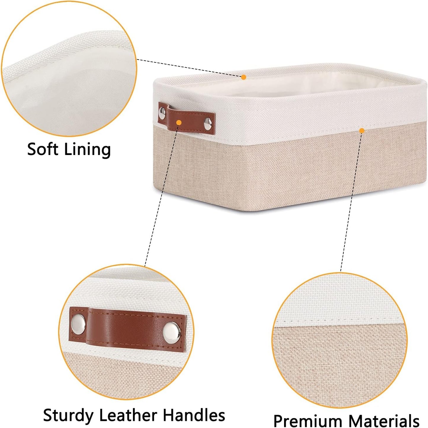 DULLEMELO Small Storage Bins, Storage Baskets for Organizing, Collapsible Rectangular Fabric Baskets for Shelves, Closets, Nursery, Home, Office, Empty Gift Baskets (6-Pack, White&Khaki)