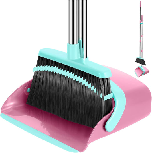 Broom and Dustpan Set, 52-in Long Adjustable Handle Broom Dustpan Combo with Dust pan Teeth to Automatically Clean Hair Suitable for Home Kitchen Office Hall Floor（Pink&Blue）