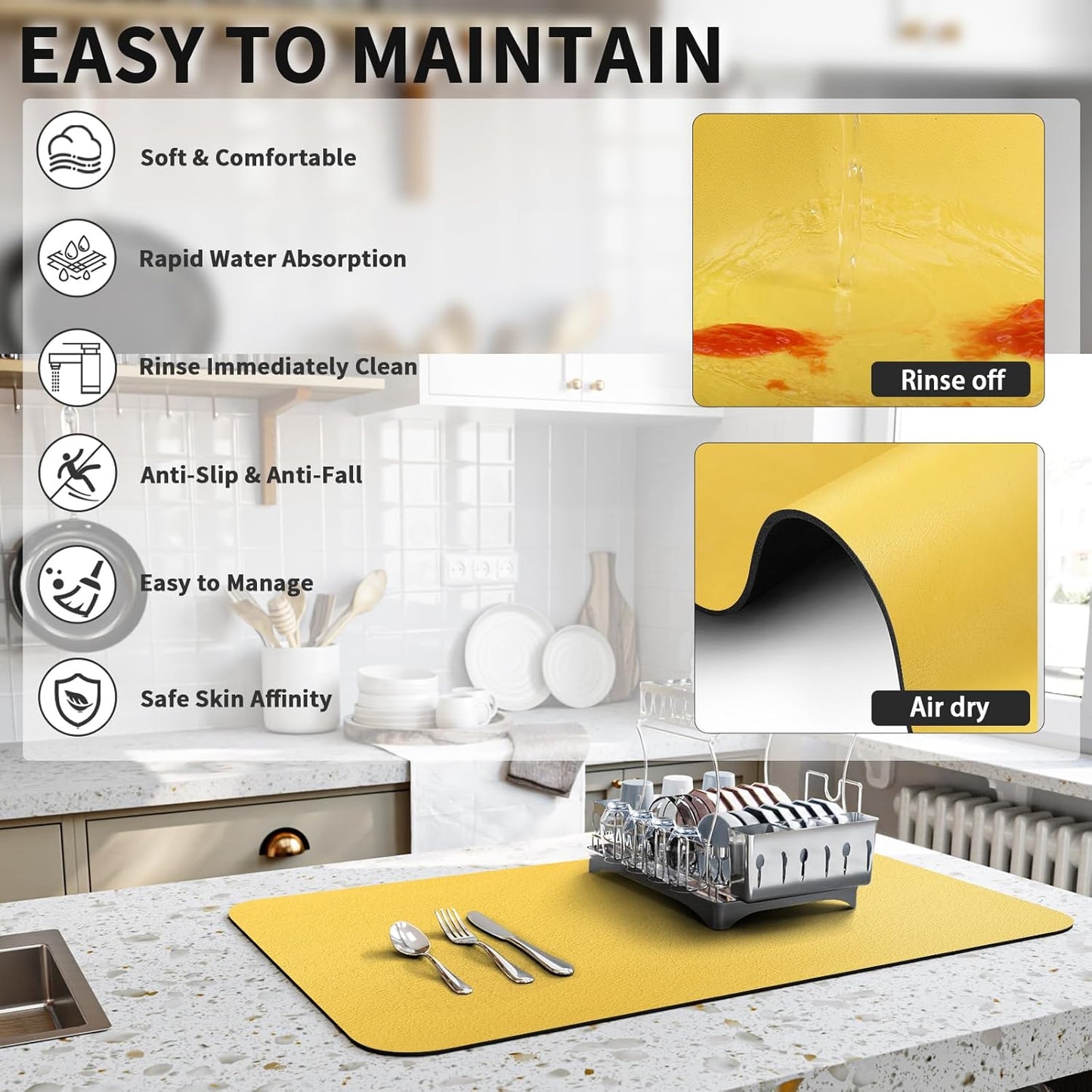 Dish Drying Mat for Kitchen Counter, Heat Resistant Drainer Mats with Non-slip Rubber Backed, Hide Stain Kitchen Super Absorbent Draining Mat, Easy to Clean Dish Rack Pad, Yellow 18"x24"