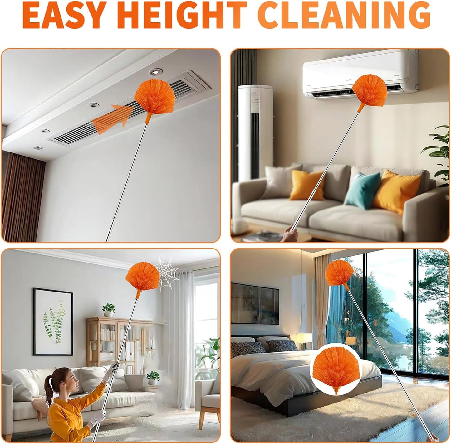 Cobweb Duster with Extension Pole,Cleaner Outdoor 110" Telescoping Extended Sspider Brush, Dusting Kit,Long Handle Reach for High Ceilings and Fans,Microfiber Webster Remover Tools Feather Dusters