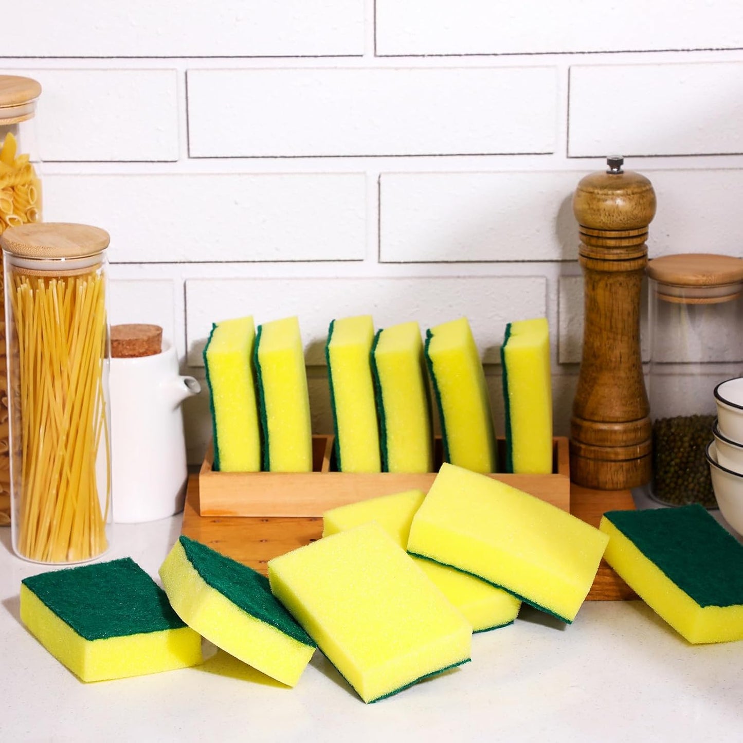 Tanlade 60 Pcs Individually Wrapped Sponge Dishwashing Sponge Bulk Non Scratch Scrub Sponges Kitchen Scouring Pad for Household Cleaning Rental Dishes Hotel Apartment Car (Yellow,Green)