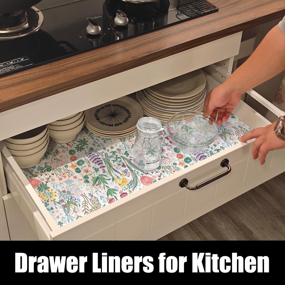 Floral Shelf Drawer Liners, Non Adhesive and Strong Non-Slip Colorful Cabinet Drawer Shelf Liners for Kitchen Wire Fridge, Waterproof Cabinet Liner,Easy to Clean,12IN x 10FT