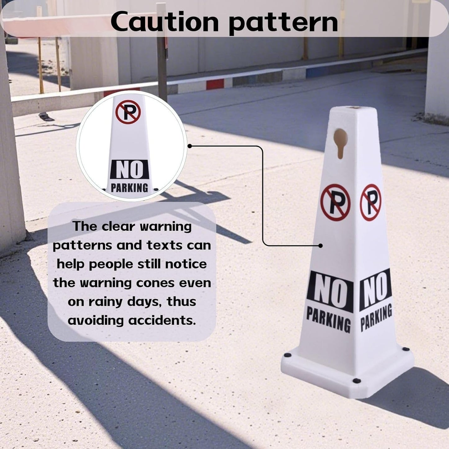 4-Pack 26.5" Caution Cones, 4-Sided Visible Safety Signs with Heavy Rubber Base, Warning for Slip & Fall Prevention, Indoor/Outdoor Use (White, 4Pcs-No Parking)