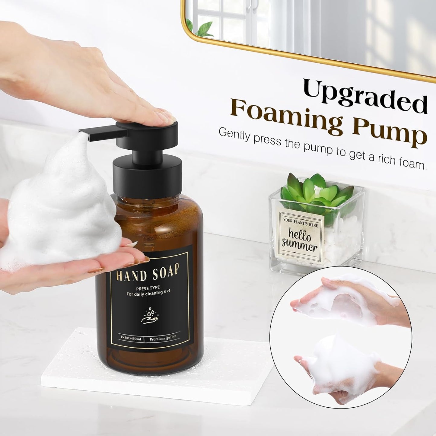 Luxspire Foaming Soap Dispenser, Glass Foam Pump Soap Dispenser, Non-Slip Hand Soap Bottle with 5 Waterproof Labels, 15 Oz Refillable Liquid Soap Bottle for Bathroom & Kitchen, Amber, 2 Pack