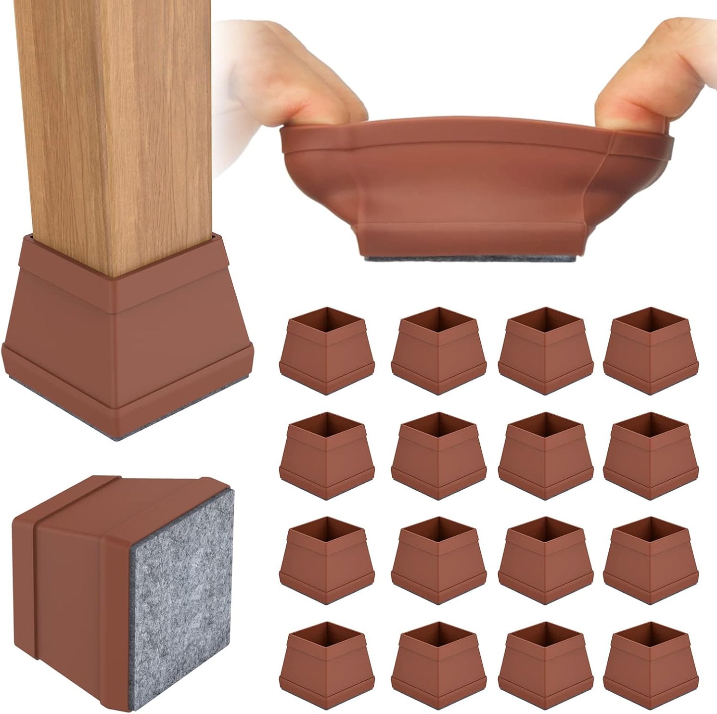 16 PCS Square Chair Leg Floor Protector, Silicone Chair Leg Cover, Furniture Leg Protectors with Felt, Mobile Table Leg pad, Protect The Floor from Scratches.1 1/2 in Brown.