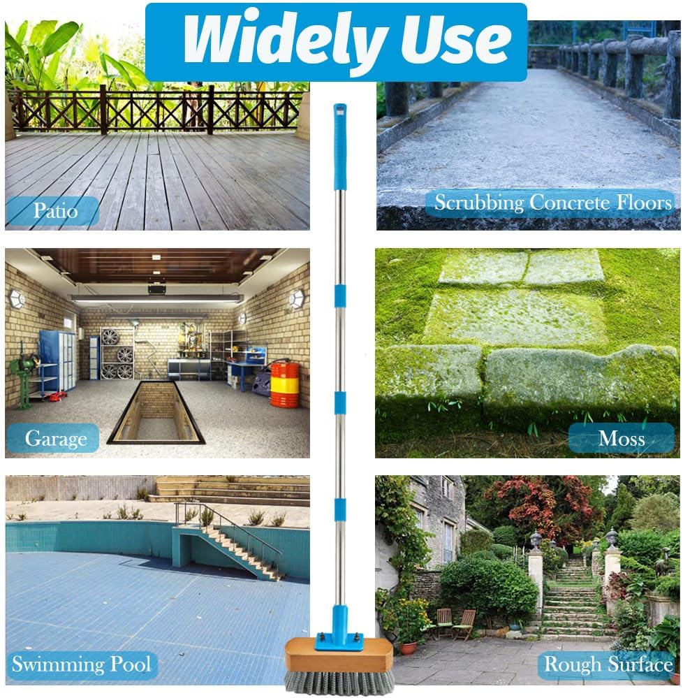 YONILL Stainless Steel Deck Scrub Brush with Long Handle - 60" Heavy Duty Floor Scrubber Brush with Pole, Moss Remover Wire Cleaning Brushes for Rough Surface, Concrete Floor, Patio, Garden, Garage