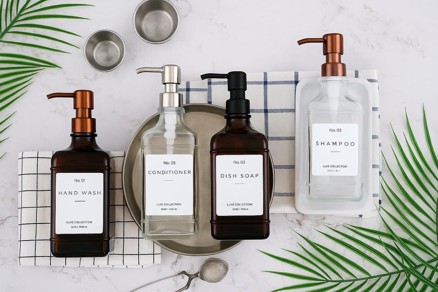 Emerson Essentials Soap Dispenser, Dish Soap Dispenser, Soap Bottle Bathroom Set, Hand Soap Farmhouse Home, Kitchen Soap Dispenser Set - Glass Soap Dispenser with Pump and Labels, 16 Oz, 2 Pack