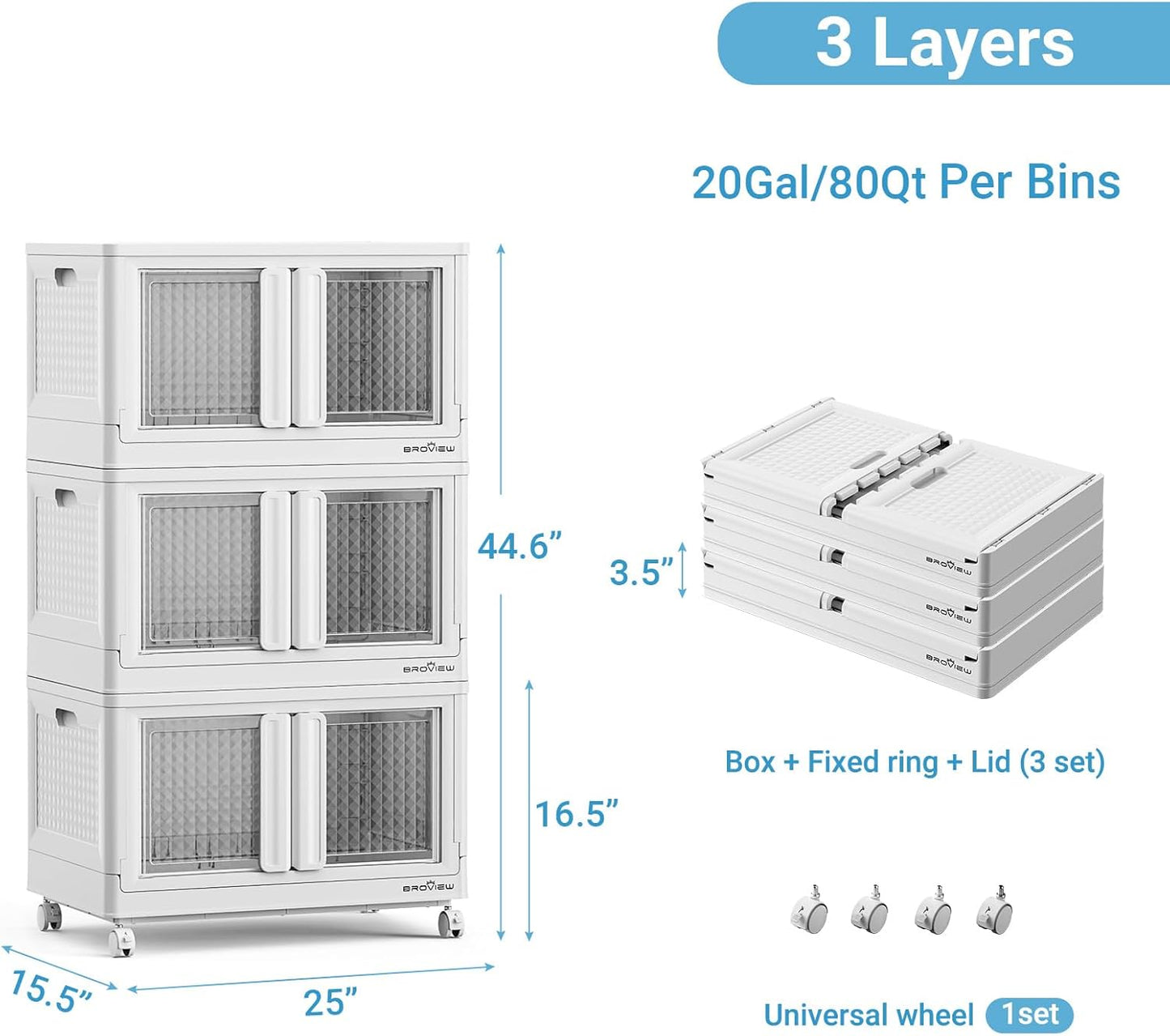 BROVIEW 300Qt Stackable Storage Bins with Lids, 75Gal Closet Organizers and Storage Drawer, Plastic Collapsible Storage Bins with Doors, Heavy Duty Store Box Cabinet for Home Kitchen, 3Pack White