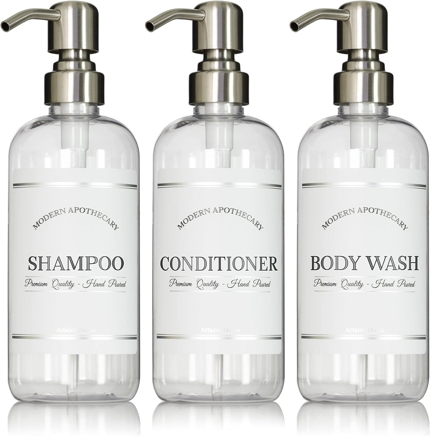 Clear Refillable Shampoo and Conditioner Bottles - Body Wash, Shampoo and Conditioner Dispenser - PET Plastic Shampoo Bottles Refillable with Pump - Waterproof Labels - 16 oz, 3 Pack (Stainless Steel)
