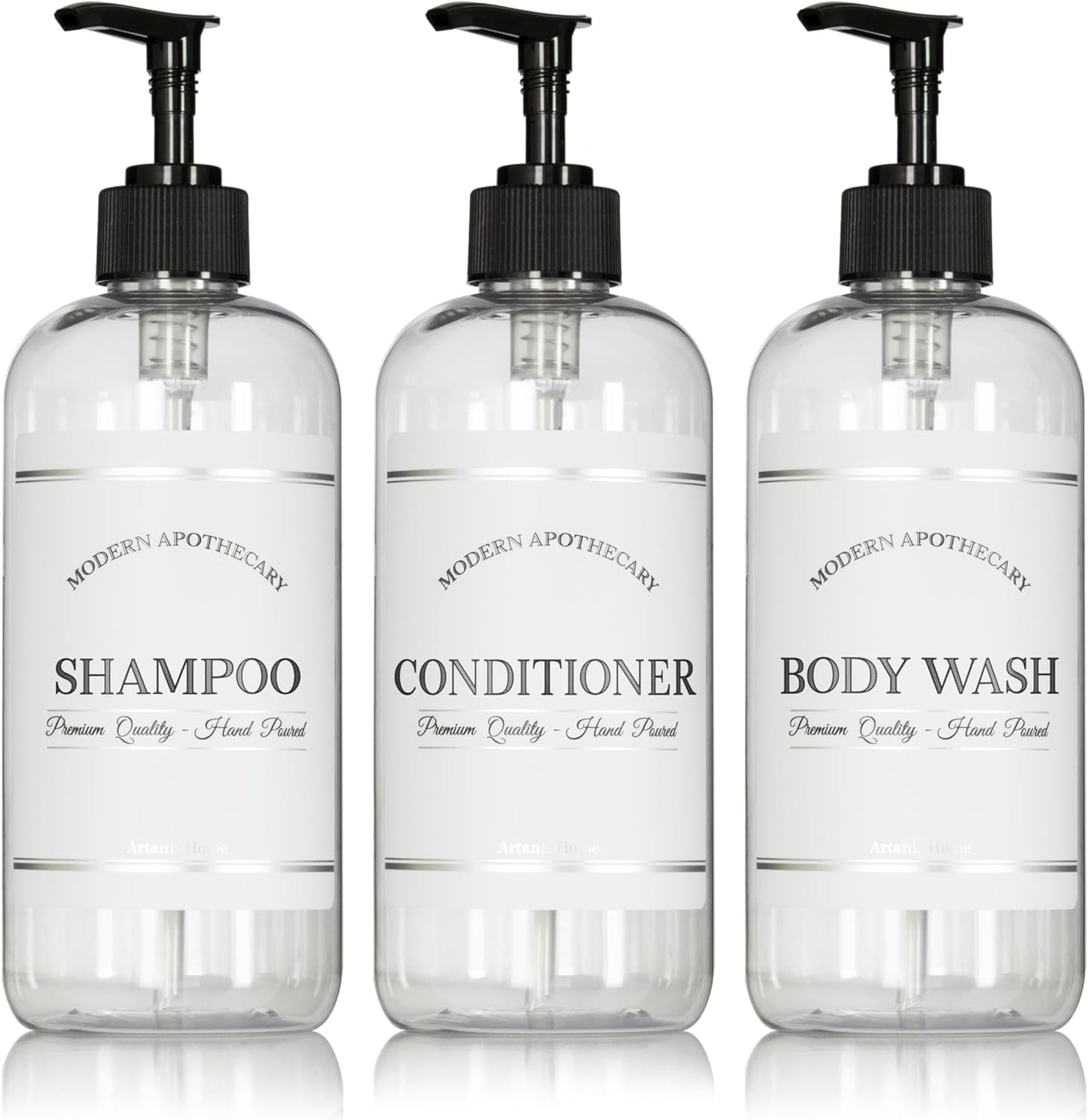 Clear Refillable Shampoo and Conditioner Bottles - Body Wash, Shampoo and Conditioner Dispenser - PET Plastic Shampoo Bottles Refillable with Pump - Waterproof Labels - 16 oz, 3 Pack (Black Plastic)