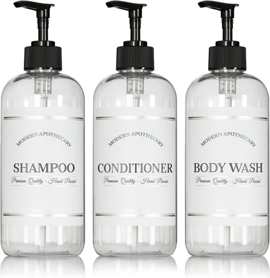 Clear Refillable Shampoo and Conditioner Bottles - Body Wash, Shampoo and Conditioner Dispenser - PET Plastic Shampoo Bottles Refillable with Pump - Waterproof Labels - 16 oz, 3 Pack (Black Plastic)