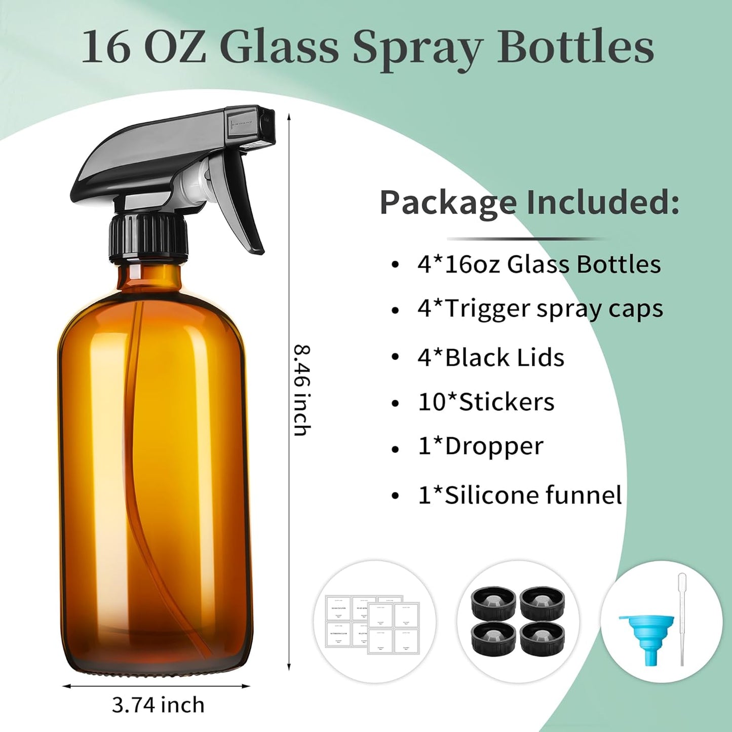 16oz Amber Glass Spray Bottles,4 Pack Glass Spray Bottles Refillable Empty Bottle with Adjustable Nozzle,Spray Bottle for Cleaning,Essential Oils,Cleaning,Pets,Plant, Hair Mister