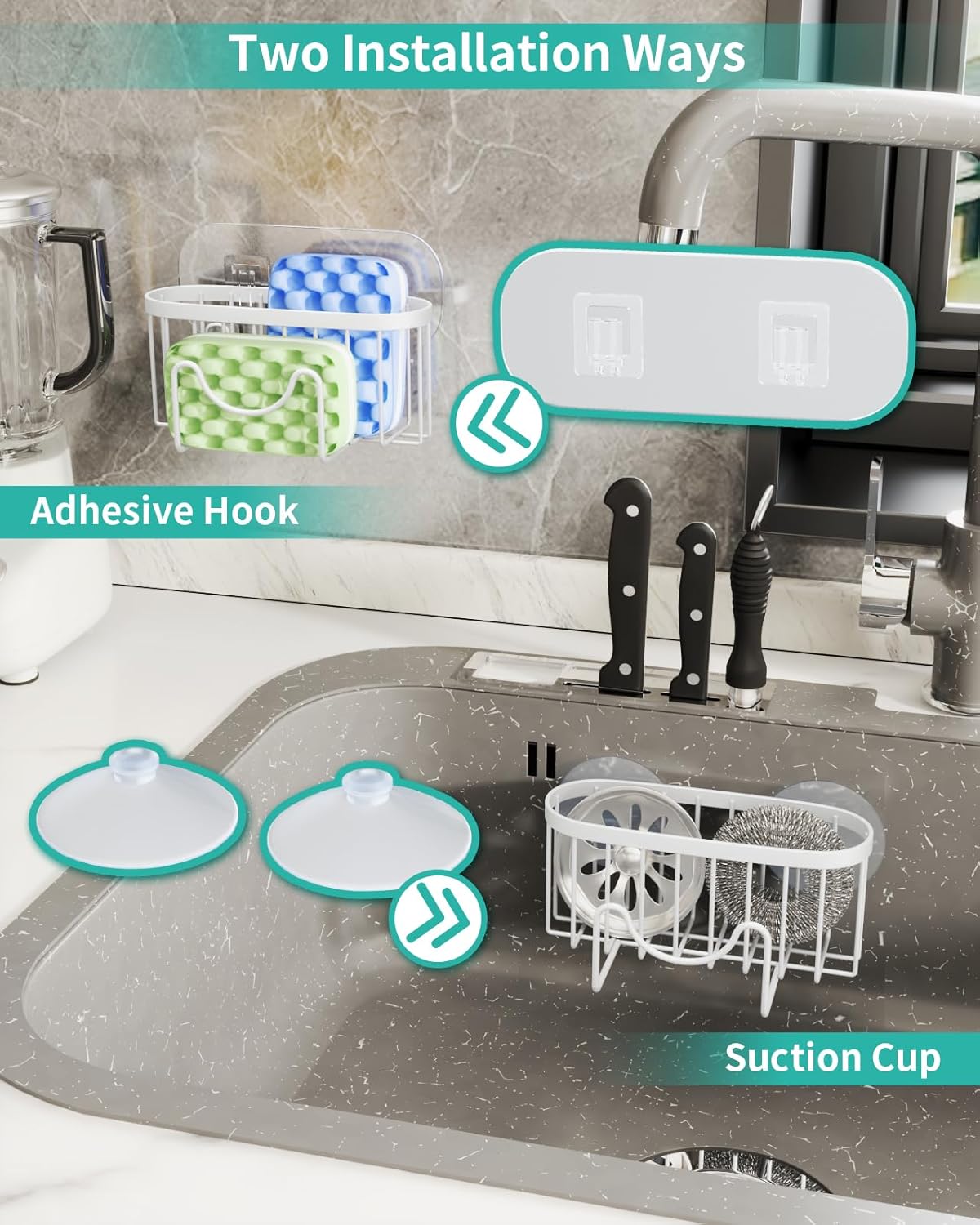 HapiRm Sponge Holder for Kitchen Sink - Sink Caddy with Unique M-Shaped, 2 Installation Methods Kitchen Organizer, Rustproof Stainless Steel Sponge Caddy - White