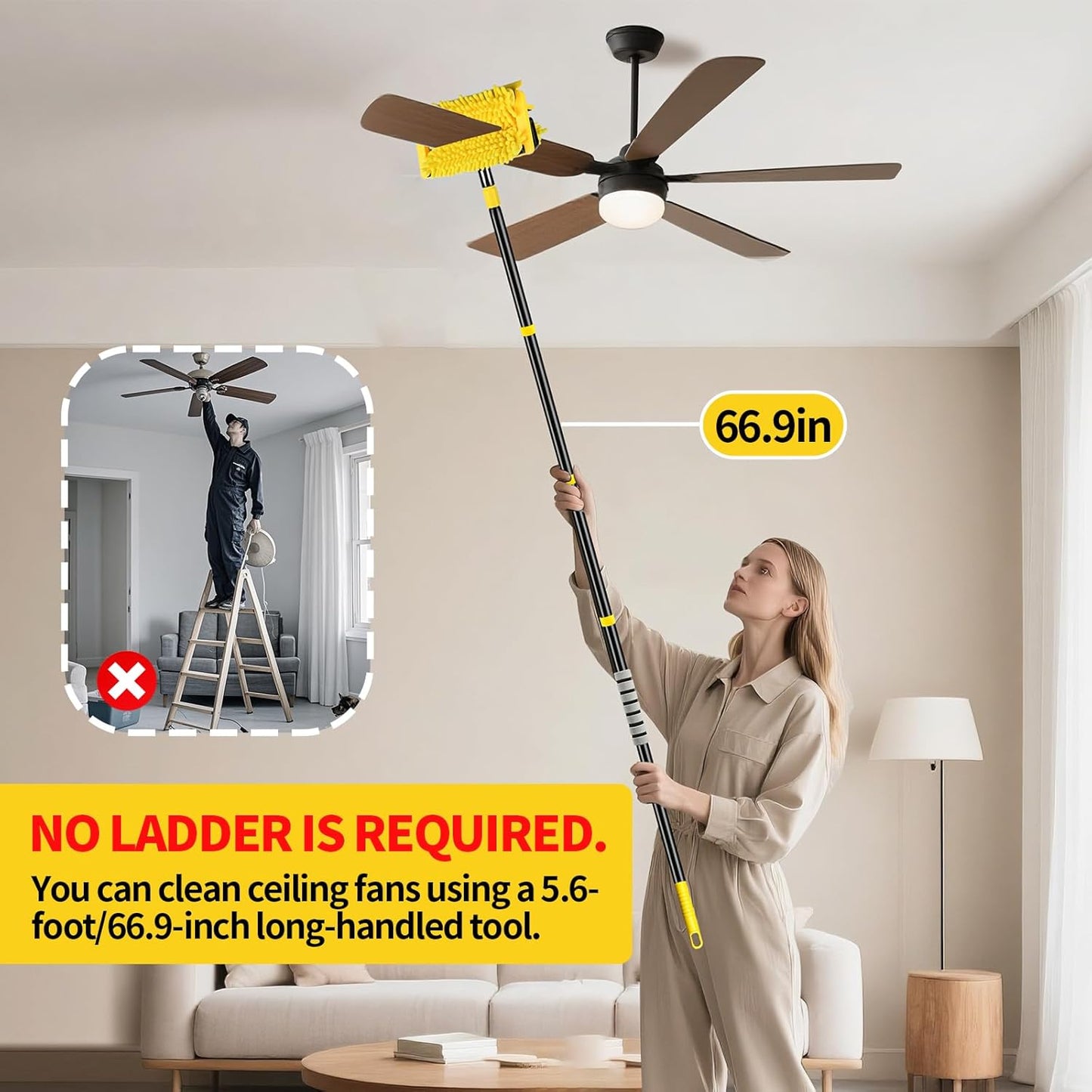 High Ceiling Fan Cleaner Duster for Fans Blades Cleaner with 78.7in Extension Pole Extra Long Handle Cleaning Tool，Reusable Chenille & Microfiber Mop Head for Baseboard Wall Floor Window Glass Wiper
