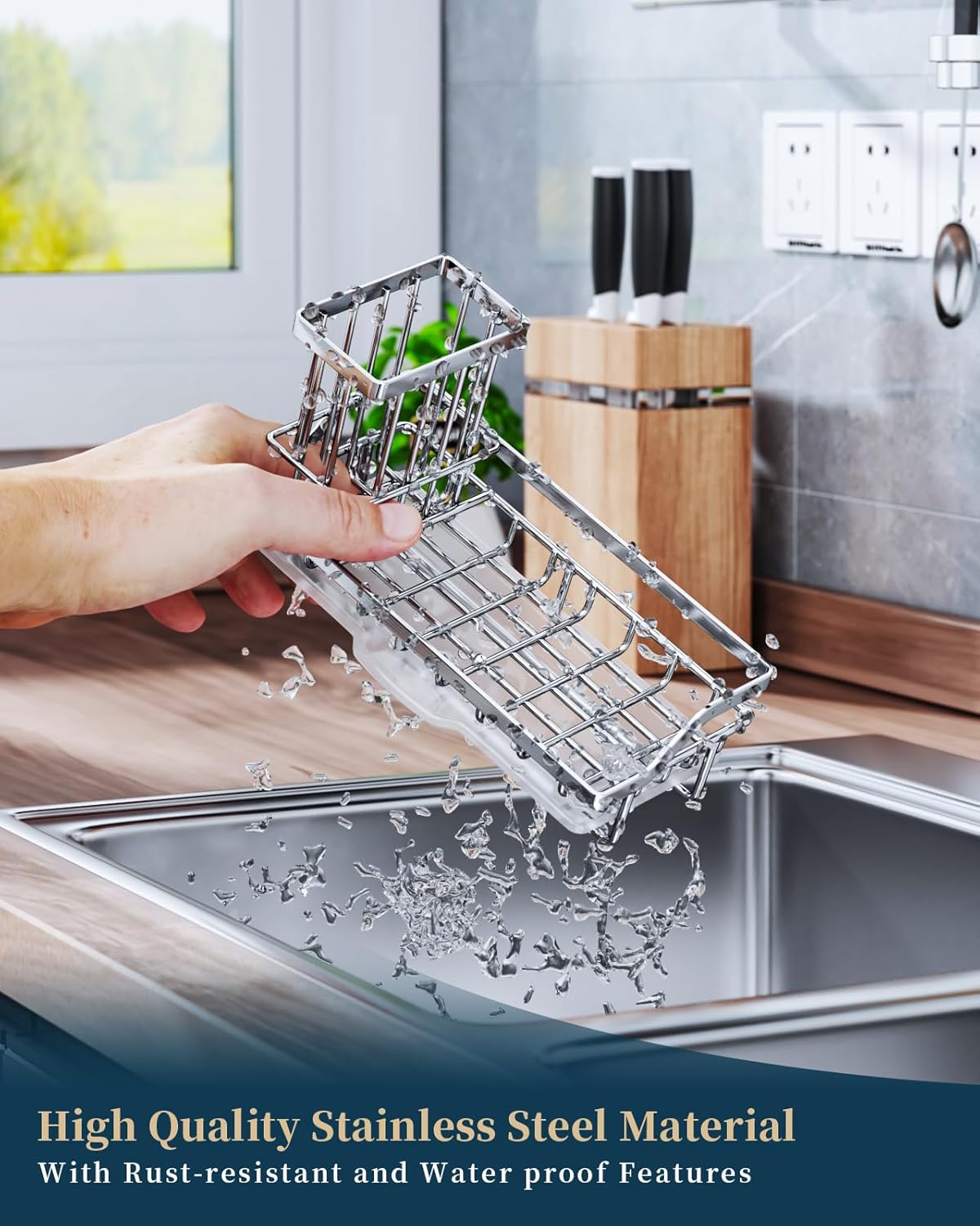 Consumest Sink Caddy, Kitchen Sponge Holder with Dish Brush Holder, Kitchen Organizer with Drip Tray for Countertop, Stainless Steel Rustproof - Silver