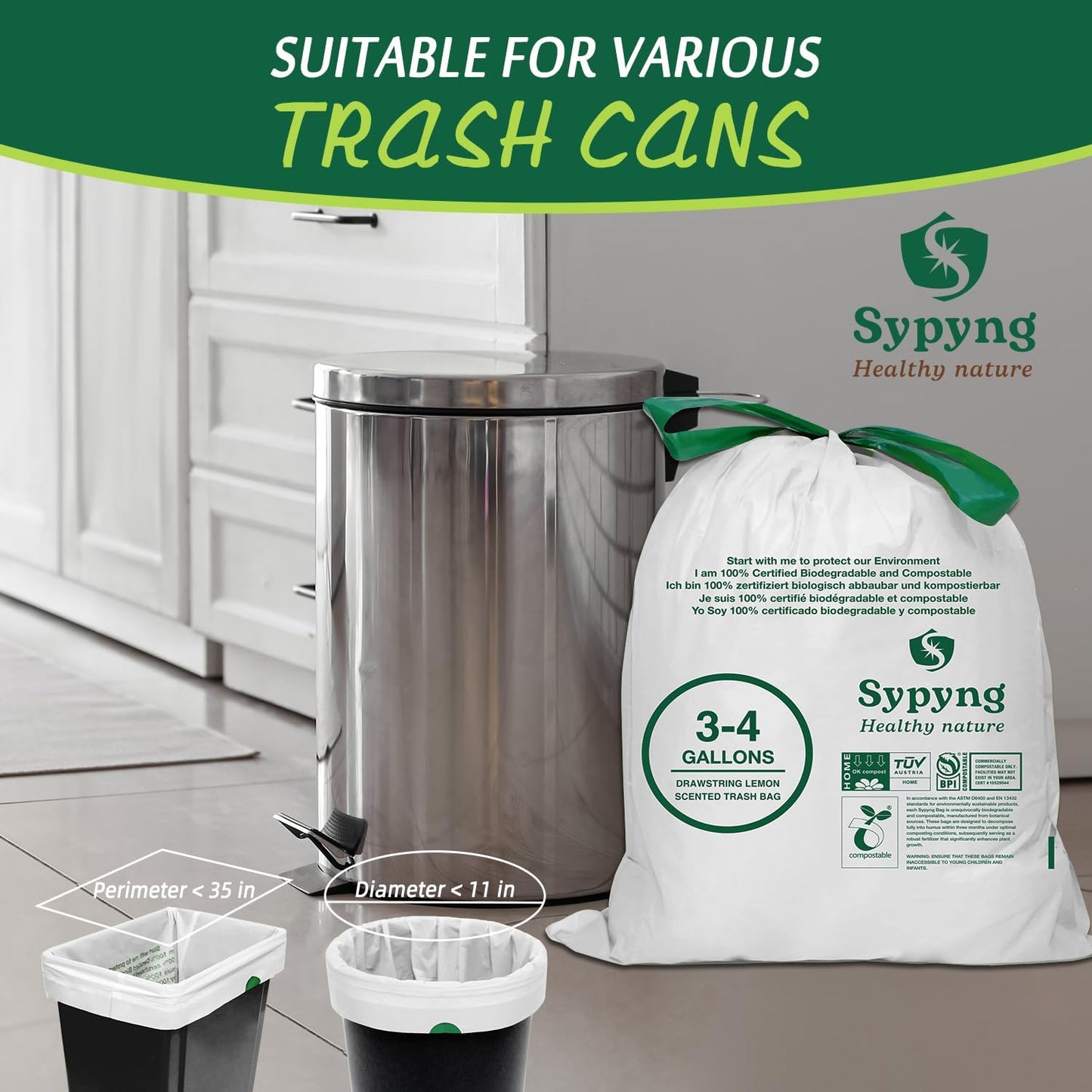 Compostable Kitchen Waste Trash Bags 3-4 Gallon (100 Pack) Heavy Duty 100% Biodegradable White Compost Bags for Countertop Bin, ASTM D6400, BPI & OK Compost HOME Certified, Eco-Friendly & Recyclable