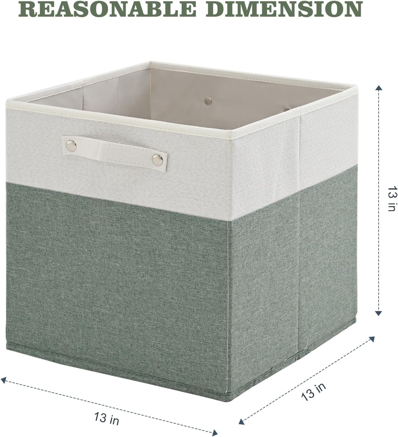 13 x 13 Inch Fine Linen Storage Bins with Handles，Fabric Cube Boxs，Collapsible Basket Organizers for Shelves for Home, Closet Drawers (White/Green-4 Pack )