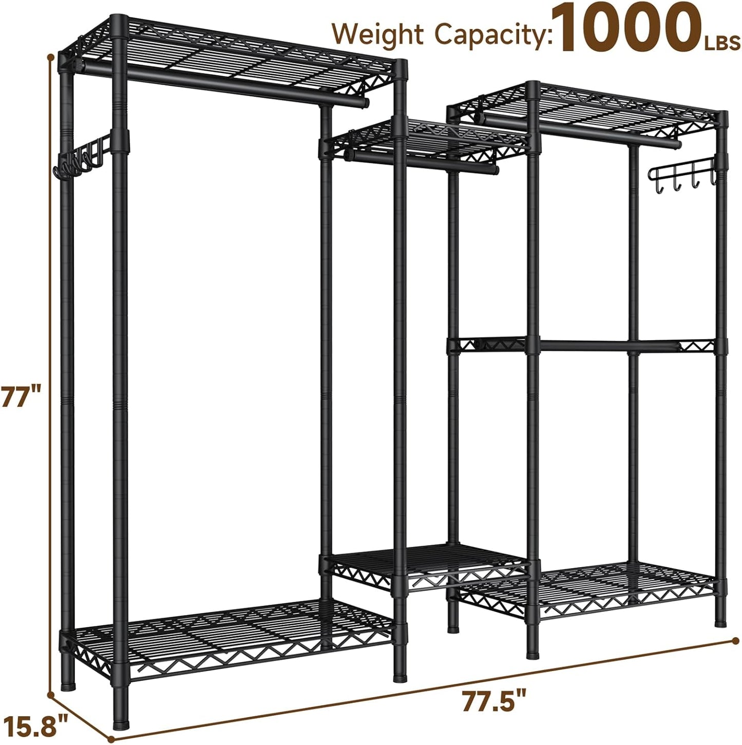 Heavy Duty Garment Rack Large Clothes Rack,Freestanding Closet Portable Clothing Rack with 7 Adjustable Wire Shelves&4 Hang Rods&2 Hooks,Metal Closet Storage Organizer Wardrobe System,MaxLoad 1000lbs