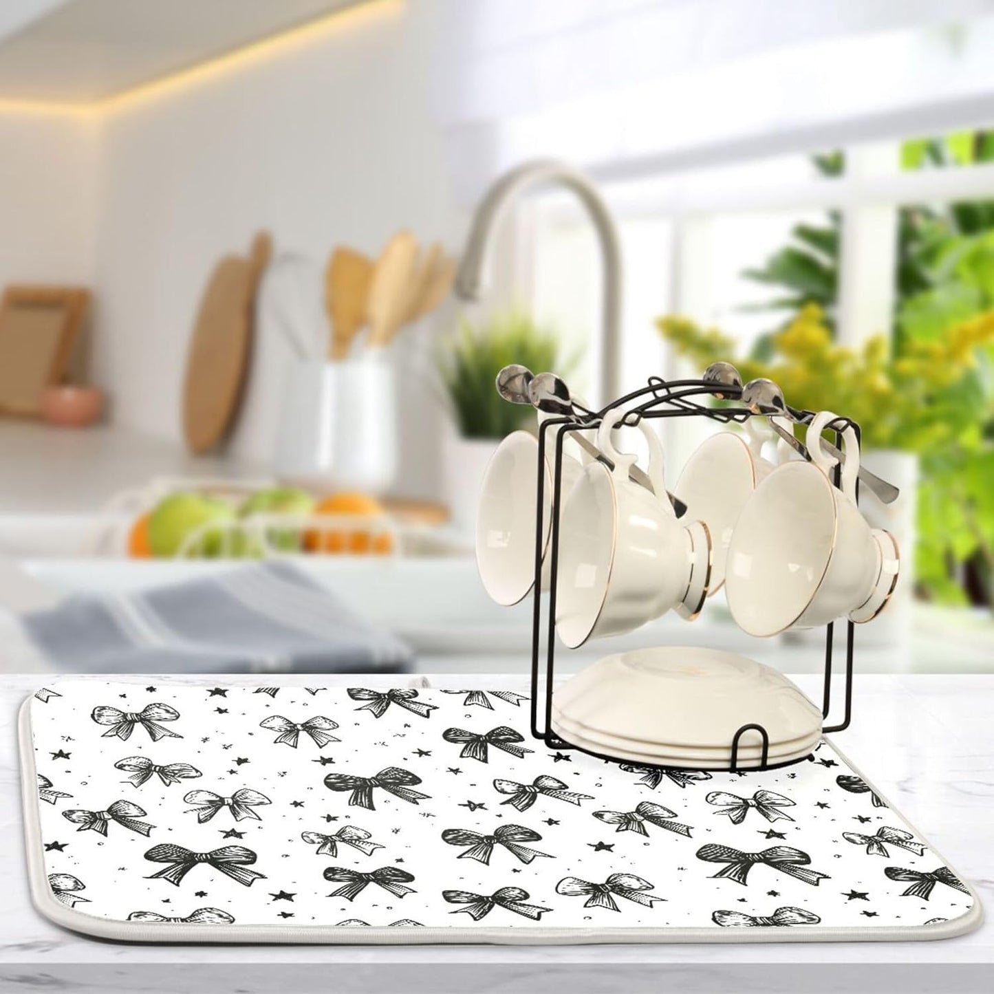 Black White Bowknot Dish Drying Mat for Kitchen Countertop 18x24 Rectangle Bow Large Drying Mat Reusable Quick Dry Dish Sink Absorbent Mats Dishwasher Easy Clean Decorative Home Decor Essentials