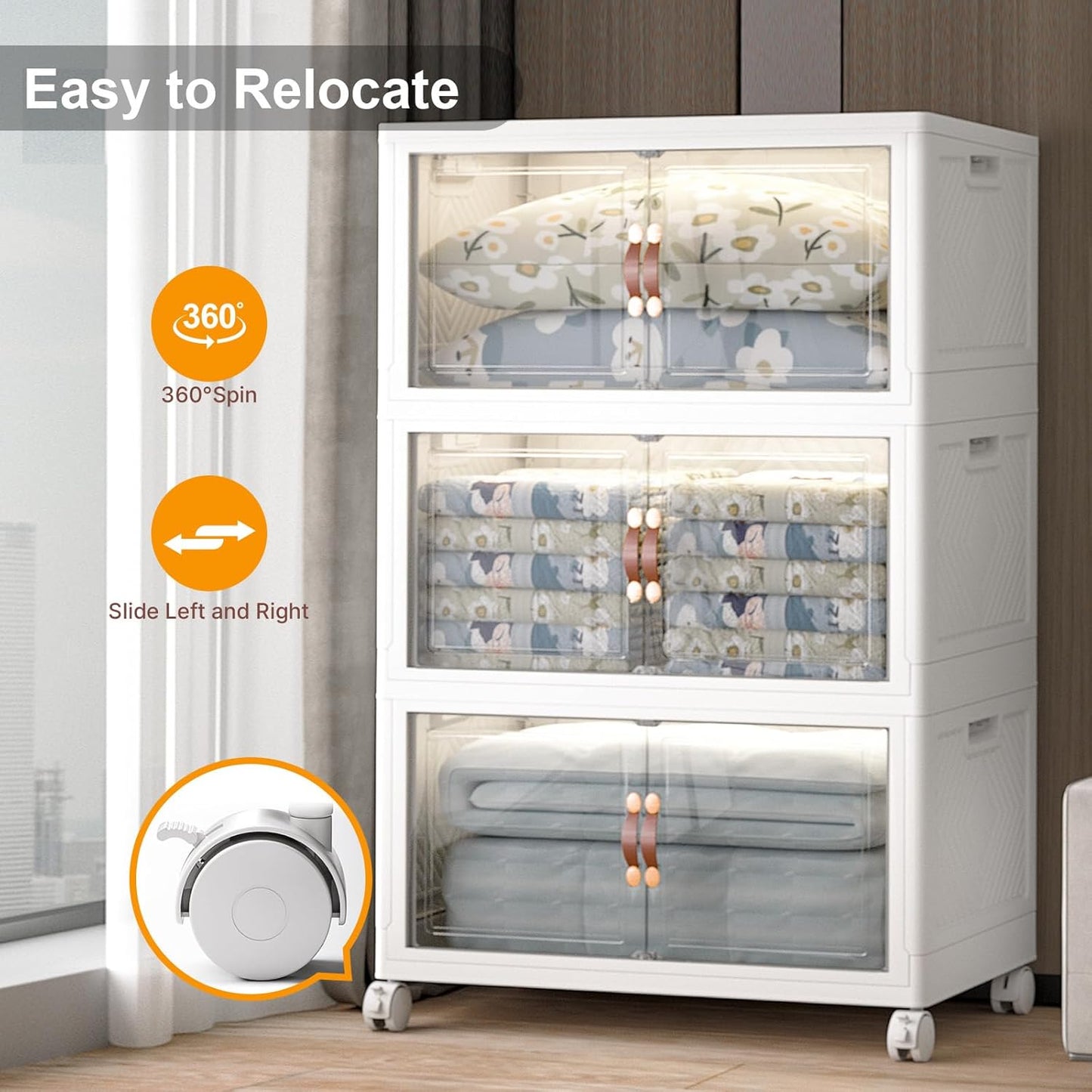 Extra Large Stackable Storage Bins with Lids & Wheels & Door, 480QT-160QT/40GAL*3Pack Foldable Collapsible Closet Organizers, Plastic containers drawers for bedroom Dorm