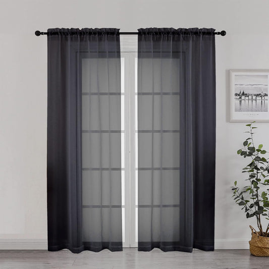 Chyhomenyc Black Sheer Curtain 72 Inches Length 2 Panels, Voile Top Dual Rod Pockets Light Filtering Airy Window Treatment Drapes for Living Room/Bedroom, Each 42Wx72L