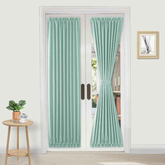 DWCN French Door Curtains – Rod Pocket Thermal Blackout Curtain for Doors with Glass Window, Kitchen and Patio Doors for Privacy, 25 X 72 Inches Long, 1 Curtain Panel with Tieback, Mint Green
