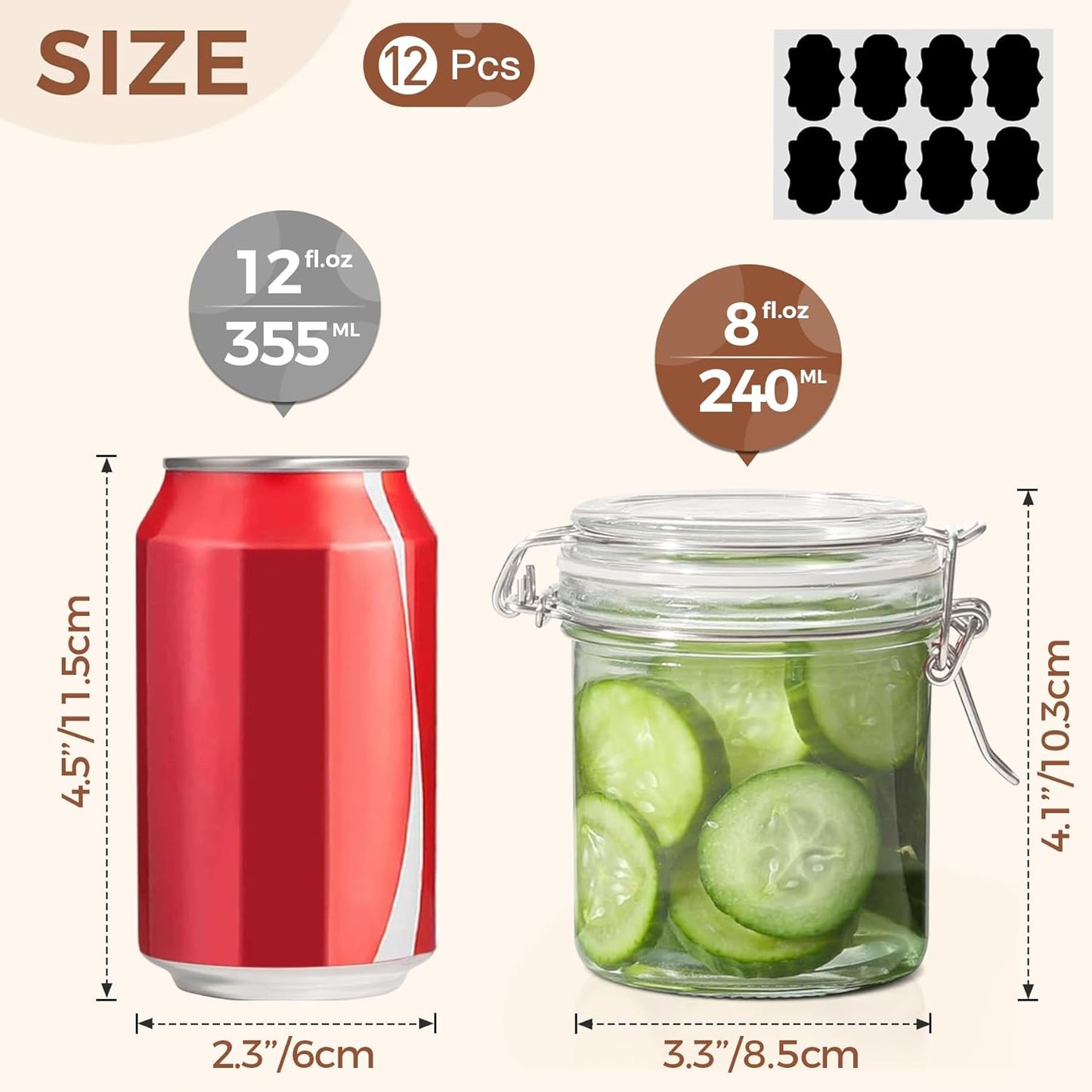 ComSaf 8oz Small Airtight Glass Jars Set of 12 with Lid Food Storage Jar Round, Mini Storage Container with Clear Preserving Seal Wire Clip Fastening for Kitchen Canning, Jam, Spice, Honey, Mason Jars