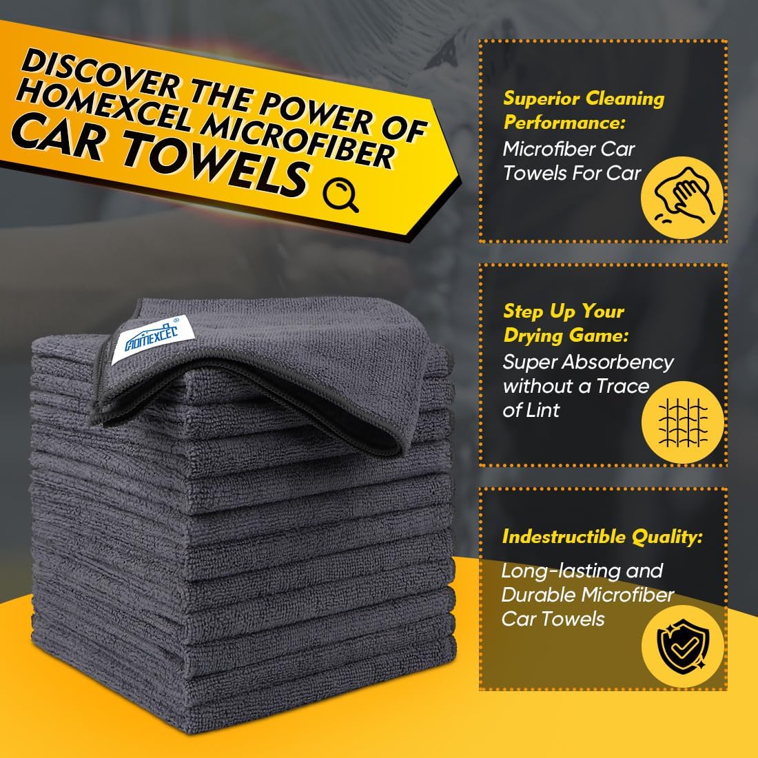 HOMEXCEL Microfiber Cleaning Cloth 12 Pack, 12.5 x 12.5 inch Microfiber Towels for Cars, Ultra Absorbent Washing Cloth, Lint Free Streak Free Cleaning Rags for Car, Kitchen, and Window (Grey)