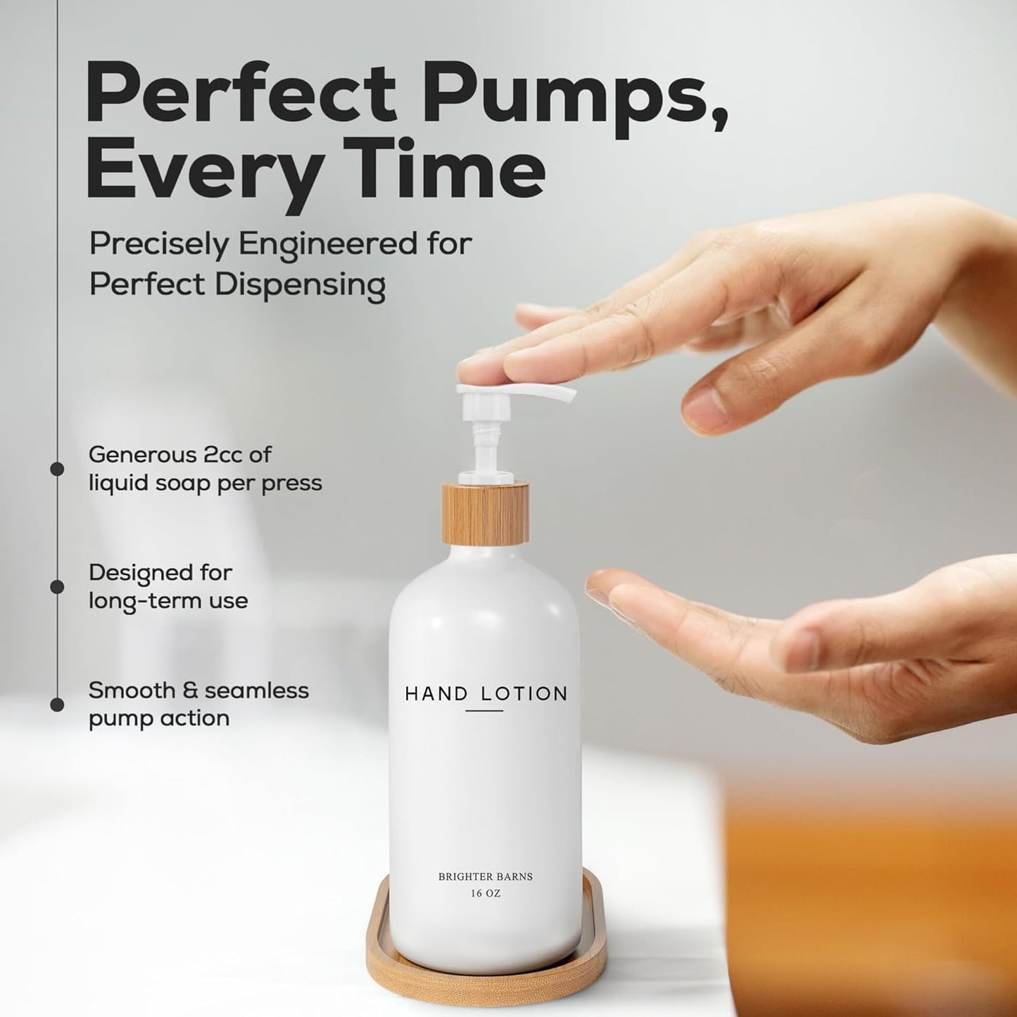 White Glass Lotion Dispenser with Pump Bathroom Set by Brighter Barns - Hand Lotion Dispenser with Tray - Modern Bathroom Decor - Boho Bedroom Decor for Housewarming Gift, Airbnb, Hotel (White)