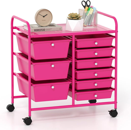 GOFLAME 9-Drawer Rolling Storage Cart, Mobile Utility Cart with Removable Drawers & Metal Frame, Art Craft Organizer Cart with Lockable Wheels, Storage Drawer Cart for Home Office School, Hot Pink